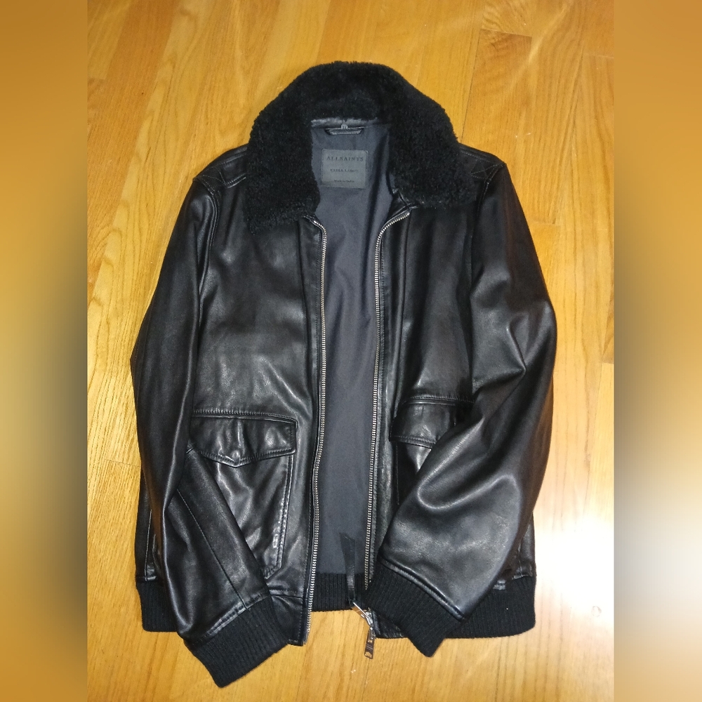 All Saints Dark Leather Bomber Jacket